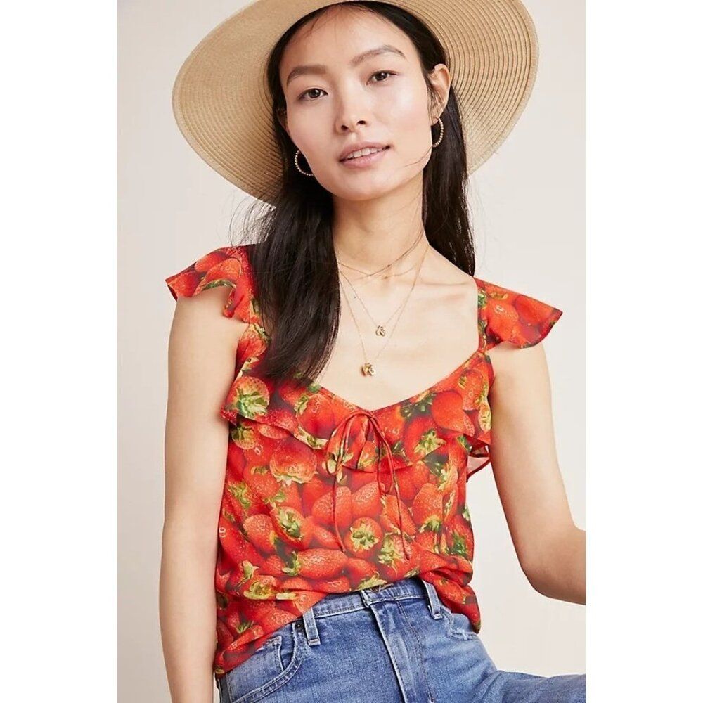 Anthropologie Ruffled Strawberry Top Women's Size 4 NEW